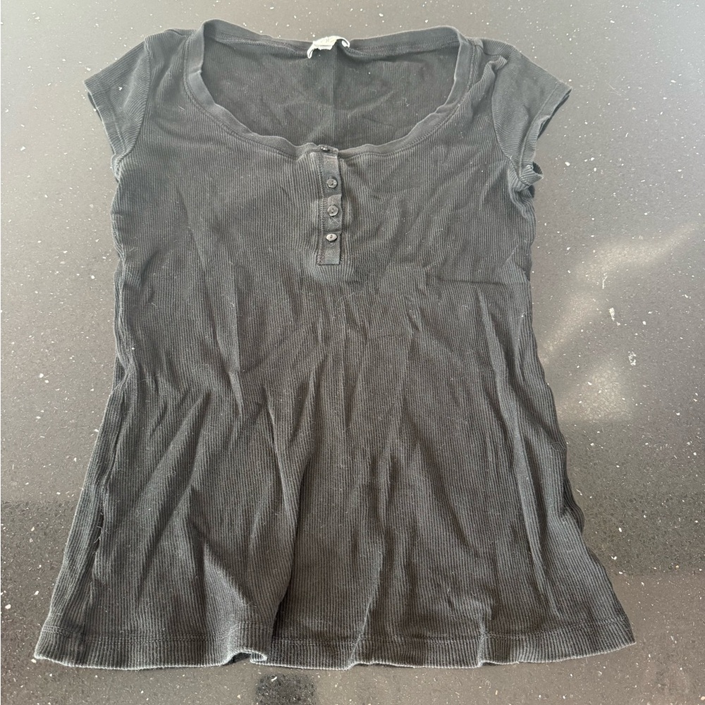 LOFT Black Short Sleeve Henley Top